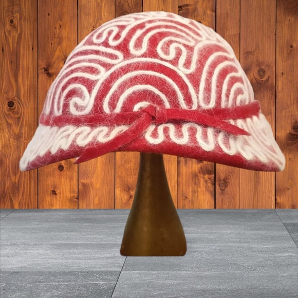 VINTAGE Wool Angora Bucket Hat Gatsby Flapper Costume Grandma Core Red Embroider - Picture 2 of 16